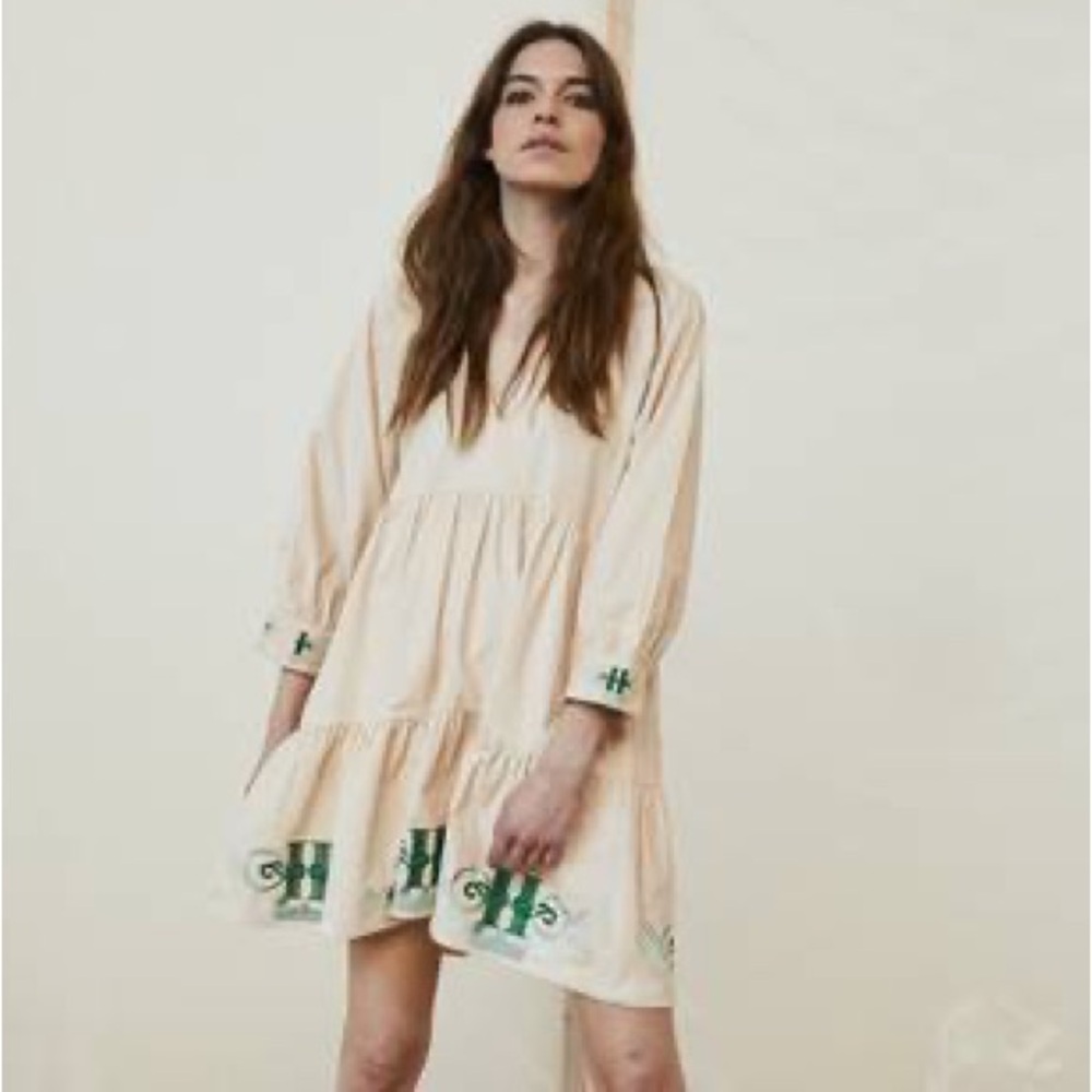 Tallulah and Hope JULIET SHORT TIERED EMBROIDERED CORD DRESS. Blush. Small.